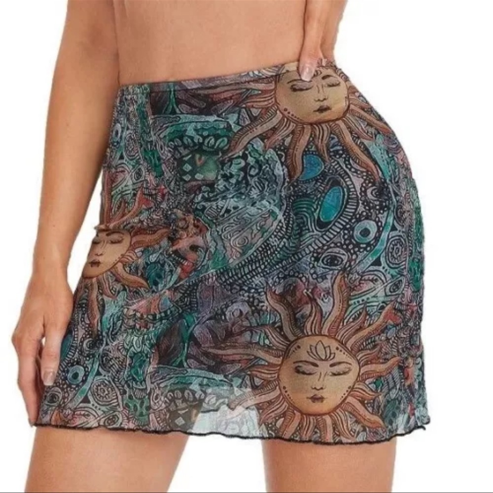 Bohemian Celestial Sun Mini Skirt Size XL